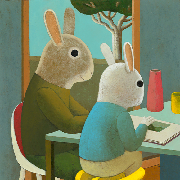 Illustrazione a colori di due conigli antropomorfi che leggono un libro a tavola, opera di Simone Rea, docente del corso di illustrazione della Scuola Romana dei Fumetti
